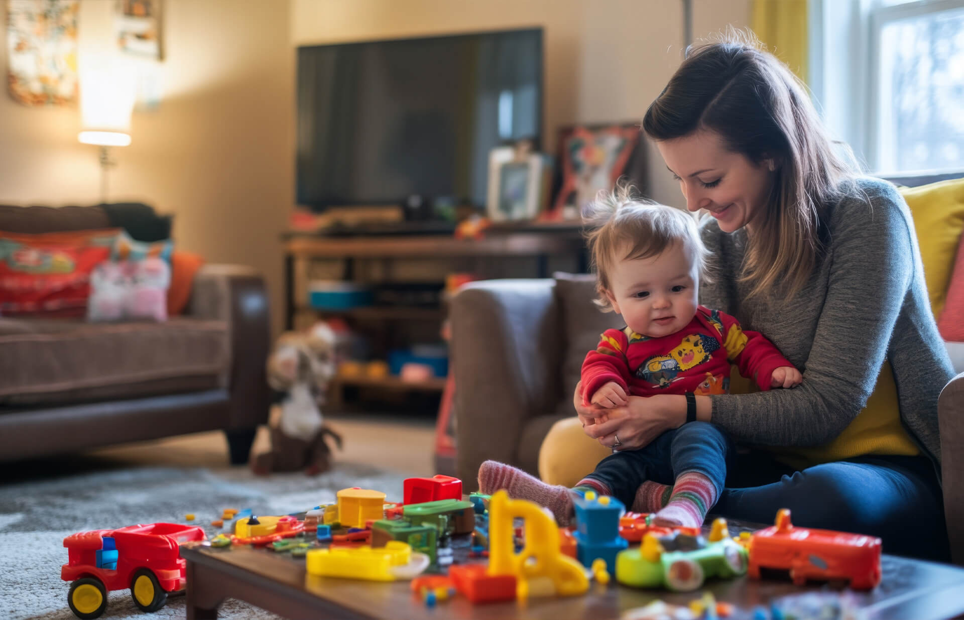 Caregiver playing with a baby among toys in a living room at home